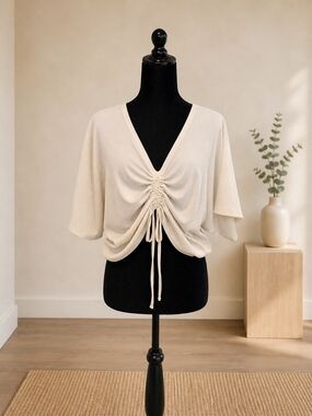 Ruched V-Neck Drawstring Top - White